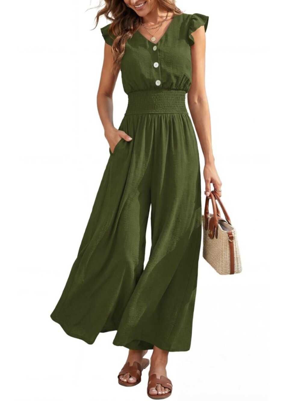 Women's Jumpsuits Dressy Casual 2026 Summer Ruffle Cap Sleeve V Neck Button